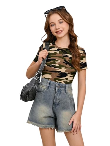Image of WDIRARA Girl's Camo Print Short Sleeve T Shirt Crew Neck Tee Casual Top