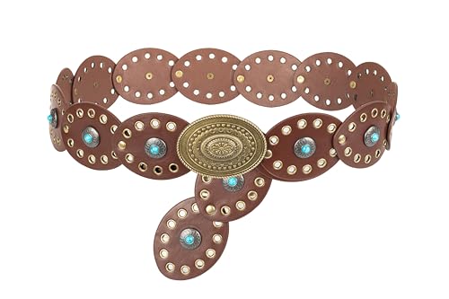 Women Disc-Belt Western-Leather-Belts - Concho Cowgirl Cowboy Wide Boho Disk Belt Vintage Waist Belts for Dress