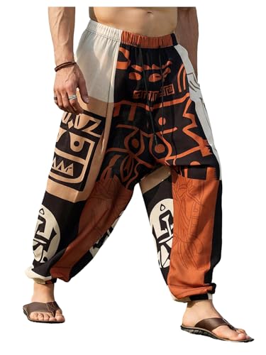 Men's Vintage Graphic Hippie Harem Pants Drawstring Loose Yoga Pants Casual Drop Crotch Trouser