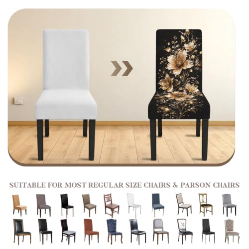Image of Black Gold Floral Dining Chair Covers Set of 4, Stretch Covers