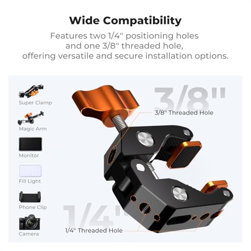 Image of K&F CONCEPT Camera Mount Clamp, Super Crab Clamp Rotatable Clamping Block | 1 /4 inch and 3 /8 inch Thread Holes for Round Pipe Flat Surface, Camera Mounts, and Other Photographic Accessories, MS65