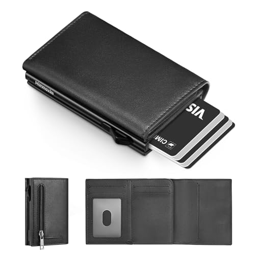 Manmaxim Billetera Hombre RFID Trifold, Tarjetero Smart Pop Up Slim Wallet con Bolsillo para Monedas con Cremallera, Billetera Hombre con Tarjetero de Crédito para hasta 12 Tarjetas (Negro)