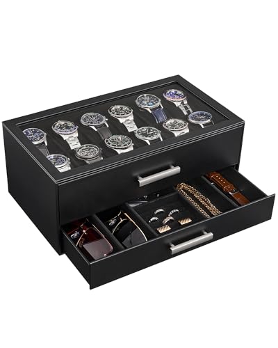 ProCase 12 Slot Uhrenbox 2 Schichten herausziehbare Schubladen Uhrenkoffer mit klarem Top-Glasdeckel Uhren Schmuck Sonnenbrille Aufbewahrungsbox für Mann - Schwarz
