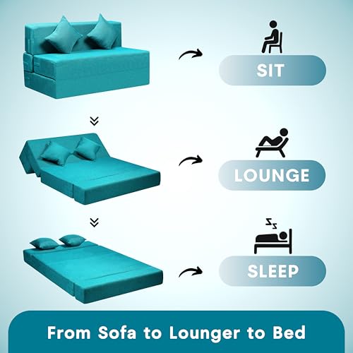 Image of Amazon Brand - Solimo 2 Seater 4 * 6 Jute Fabric Washable Cover Sofa Cum Bed with 2 Cushion 2 Seater Double Foam Fold Out Sofa Cum Bed (Finish Color - Sky Blue Delivery Condition - Pre-Assembled)