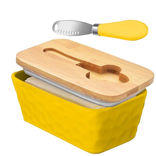 Lovelyduo Mantequera de cerámica con tapa de bambú, recipiente grande para mantequilla con cuchillo rizador y soporte de mantequilla de doble sellado de silicona, patrón de piedra, amarillo