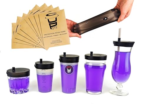 Cupote - Juego de 10 protectores antidrogas reutilizables de silicona extensible | Capota de cristal | Paja integrada | Tapa antidrogas antiderrames