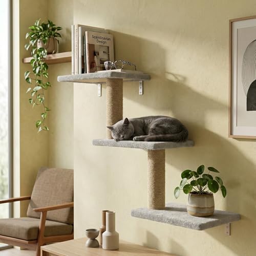 Image of Wall-Mounted Cat Climber, Multi-Level Cat Tree with Jute Scratching Posts, Grey Plush Platforms, Space-Saving Corner Design (30X35X14 INCH) FURR-158 (Grey)