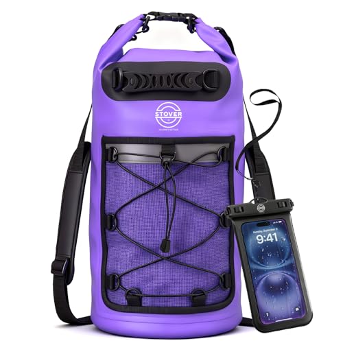 STOVER 5/10/25/30/40/55L Waterproof Dry Backpack & Phone Case- Large Floating Dry Bag for Kayaking Travel Hiking Fishing Camping Motorcycles & Beach Heavy-Duty Roll Top Men/Women (Purple)