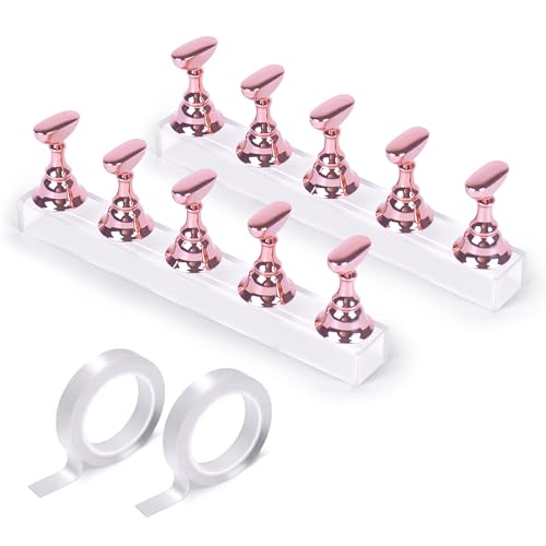 JUSTOTRY 2 Sets Pink Nail Painting Practice Stand With 1M Double-sided Tape Acrylic Fake Nail Art Holder For Press Ons Magnetic Nail Display Design Tools Kit Accessories For Home Diy Salon Supplies