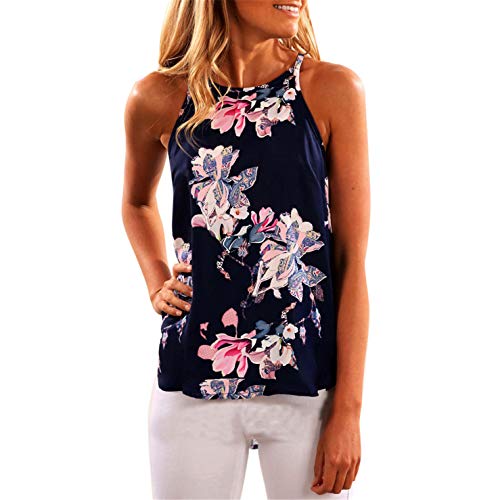 TIFENNY Women Sleeveless Flower Printed Casual Blouse Vest Top, (M, Dark Blue)