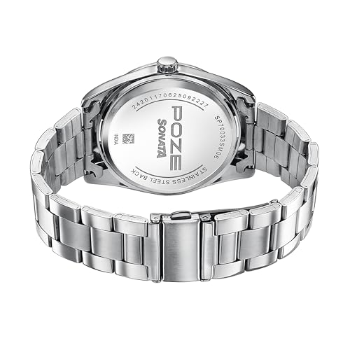 Image of Sonata Poze 6 Chrome Calling Quartz Green Round Dial Men's Watch | SS Cut Edge Strap Material | Watches for Men Analog - SP70033SM06