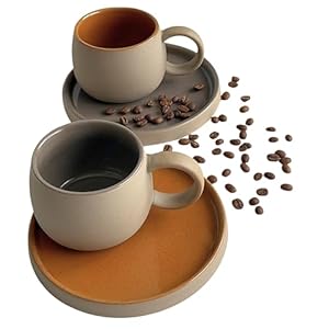 Ceramic Coffee Cup and Saucer Set of 2 Terracotta and Grey – 250ml Japanese Style Coffee Mugs with Colourful Glossy Interior, Matt Earthy Beige Exterior, Microwave Safe