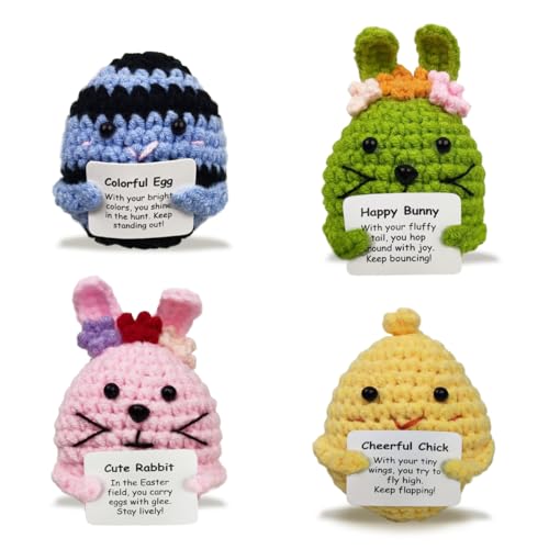 Muyiz 4 Pack Knitted Wool Easter Toys with Positive Card for Easter Basket Stuffers Gifts