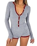 REVETRO Women's Sexy Deep V Neck Jumpsuit Long Sleeve Gym Shorts Romper One Piece Bodysuit Pajama Set Onesie Yoga Bodycon