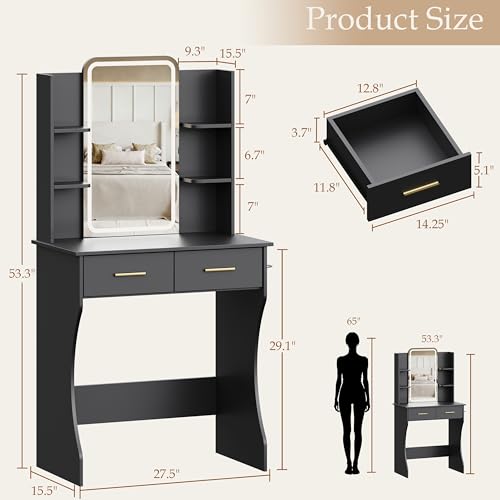 Image of BORNOON Vanity Desk with Mirror and Lights, Small Makeup Vanity Desk with Charging Station, Bedroom Vanity Table with Drawers, Storage Shelves, RGB Ambient Light and Hair Dryer Holder