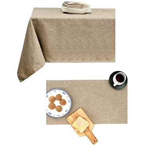 Mebakuk Rectangle Tablecloth and Table Runner Farmhouse Burlap Style, Waterproof Decorative Fabric for Outdoor Wedding and Dinner(Oblong Mocha) Cover