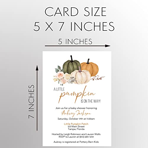 Pumpkin Baby Shower Invitations Floral Autumn Fall Pumpkins Sprinkle Sage Olive Green Orange Floral Customize Personalize Printed Cards (12 count)