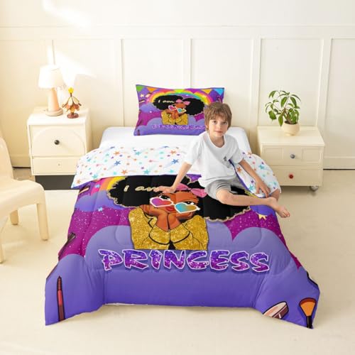 Image of Erosebridal Black Girls Toddler Comforter Set African Princess Bedding Set Dreamy Rainbow Magical Comforter Cute Little Princess Bed Sets for Kids Melanin Bedroom Decor (1 Comforter, 1 Pillowcase)