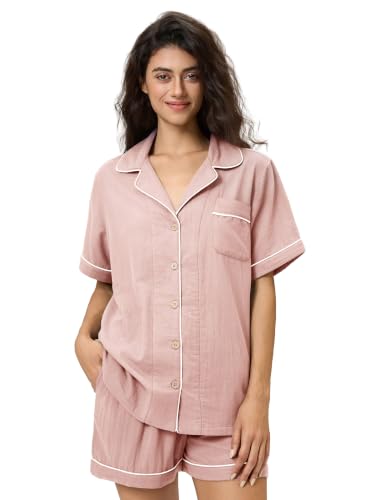 Image of BESTOUCH Womens Pajama Sets: 100% Cotton Muslin Linen Feel | Button Soft Comfy Breathable Classic Sleep Pjs 2 Piece