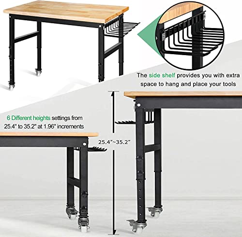 47.2"X 23.6" Bamboo Wood Garage Workbench W/Adjustable Height 25.4"-35.2" Multifunctional Workstation On Wheels 1500 Lbs Commercial Steel Work Tool Table Computer Desk Work Bench For Home Office #TOP2