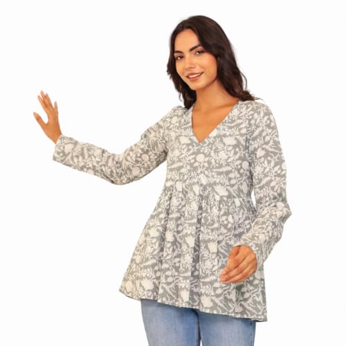 Image of LABEL ADRIJA Cotton V Neck Anarkali Short Kurti for Women Full Sleeve Floral Print | Short Kurtis for Women on Jeans