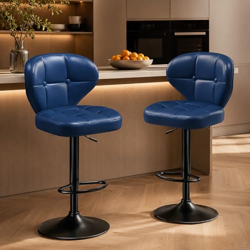 Image of Modern Bar Stools Set of 2, Adjustable Swivel Upholstered Full-Back Counter Height Bar Chairs for Kitchen Island, Dining Room, Bar Blue