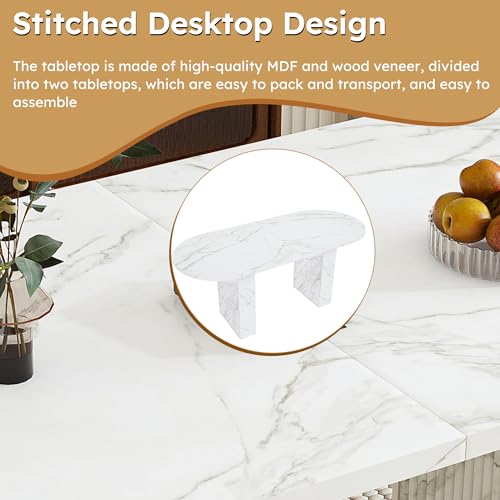 Image of 63 Inch Oval Dining Table for 6 to 4 People, White Oval Faux Marble Kitchen Table with Wood Strip Pedestal Base, Modern Dining Room Table for Kitchen Dinning Room Living Room Apartment Small Space