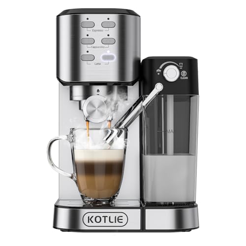 KOTLIE Espresso Coffee Machine with Automatic Milk Frother, 20Bar One-Touch Coffee Machines for Espresso, Cappuccino and Latte, ESE Pod Compatible (CM5180-UK) (Black) (CM5180-NEW)