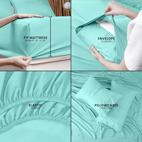 Image of Utopia Bedding Queen Sheet Set - 4 Piece Bed Sheets for Queen Size Bed, Soft and Breathable Microfiber, Includes 1 Fitted Sheet, 1 Flat Sheet and 2 Pillowcases (Spa Blue) (Pack of 2)