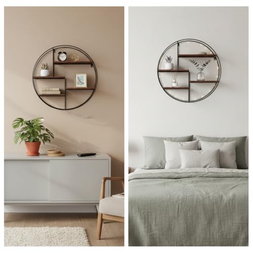 Image of Modern Round Wall Shelf Metal Frame with Wooden Shelves | Decorative Wall Mounted Storage Organizer for Living Room, Bedroom & Home Decor