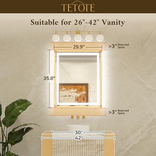 TETOTE Led Bathroom Mirror 30 x 36 with Brushed Bright Nickel Frame Anti-Fog Frontlit & Backlit Vanity Mirror Stepless Dimmable 3 Colors White/Warm/Natural Wall-Mounted