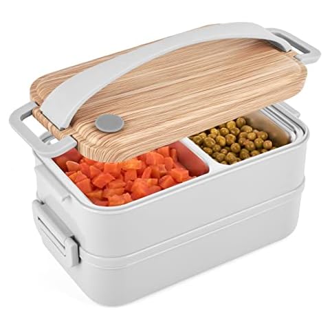 KonigHOFFER Lunch Box 2 Tier Leakproof Bento Box with Lid and Handle Lunch Box Kids Toddler Bento Lunch Box 2 Containers, Grey Cover