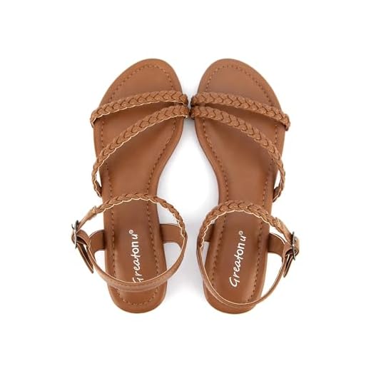 Greatonu Women's Flat Sandals Summer Braided Slip On Gladiator Sandals Open Toe Strappy Slingback Shoes Camel Size 8