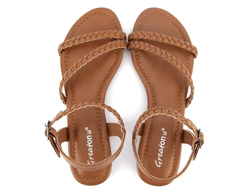 Greatonu Women's Flat Sandals Summer Braided Slip On Gladiator Sandals Open Toe Strappy Slingback Shoes Camel Size 8 by Greatonu - Used condition - US$20.30