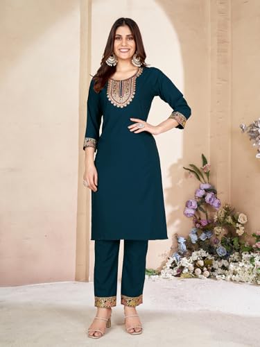 Image of Pratham Blue Kurta Set for Women Silk Embroidered Straight Kurta Set for Women with Pant