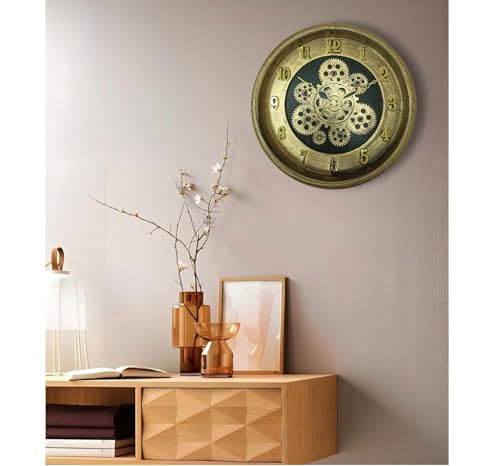 Image of De'rons Rotating Moving Gears Wall Clock Industrial Steampunk Real Moving Gear Designer Wall Clock for Living Room Home Decor Office Wooden Look Plastic Round 32cm DC-1387 (Golden)