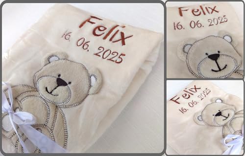 Wuff-Dogsworld Kuschlige Babydecke SUPER FLAUSCHIG Bestickt mit Namen und Datum Viele Farben zur Geburt für Jungen & Mädchen, Personalisierte Geschenke Baby, Babydecke personalisiert