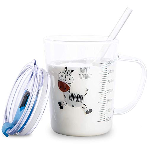 PARACITY Glass Cup Coffee Mug Milk Tea Tumbler with Straw and Lid Handle Borosilicate Glass Water Bottle Measuring Cup for Women Kids Girls