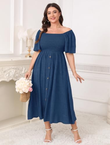 Image of Plus Size Casual Maxi Boho Dress for Curvy Women Short Sleeve Square Neck Smocked Summer Beach Dresses Button Down