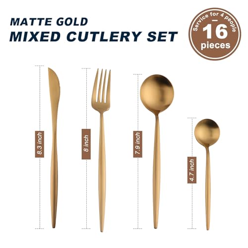 Buyer Star 16 Pieces Gold Cutlery Set,Matte Flatware Set Service for 4,Stainless Steel Silverware Set with Knives Spoons Forks, Dishwasher Safe - Image 3