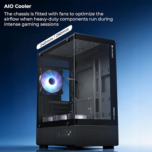 Image of Zebronics Gaming PC Cabinet, mATX /Mini-ITX Compatibility, AIO Cooler Support, 120mm ARGB Fans, Tempered Glass Design, Optimized Airflow, Magnetic Dust Filter, Bottom PSU, USB 3.0 (Maximus, Black)
