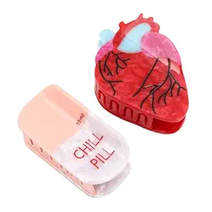 Chill Pill Acetate Hair Claw Clip Pharmacy Claw Clip Anatomical Heart for Nurses Holiday, Personalized and Fun for women Gift (Pill Heart)