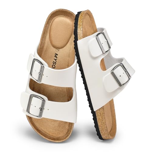 Image of mysoft Womens Flat Sandals Cork Footbed Slides with 2 Straps | Adjustable Buckle Slip On Comfortable Casual Light Weight Summer sandals