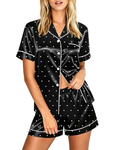 Image of LecGee Womens Silk Satin Pajamas Short Sleeve Loungewear Two-Piece Sleepwear Button-Down Pj Set