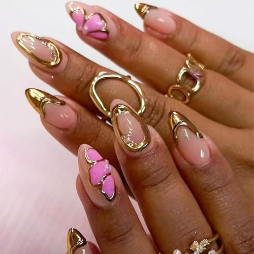 Image of Flower Press on Nails French Tip Fake Nails with 3D Gold Design Butterfly Glue on Nails Artificial Acrylic Nail Full Cover Medium Almond False Nude Stick on Nails for Women Manicure 24Pcs