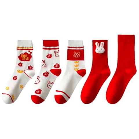Aobiono 5 Pairs Chinese New Year Red Crew Socks Women Year of the Rabbit 2023 Spring Festival Lucky Birth Zodiac Chunjie Fu, Women Cover