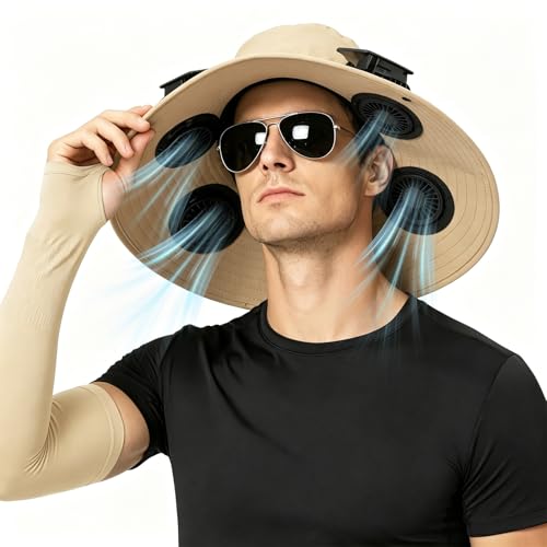 Xnnzove Wide Brim Sun Hat with 4 Solar Fans for Men Women Cooling Bucket Hat for Fishing Hiking Beach Built-in Fan Khaki Color