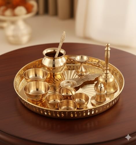 Image of RM Metals Brass Pooja Thali Set | Traditional Bartan Thambulam Puja Plate Set for Temple| Size: 10 Inch | Set of 10 Pcs| Office, Home Decor, Weddings & Return Gifts