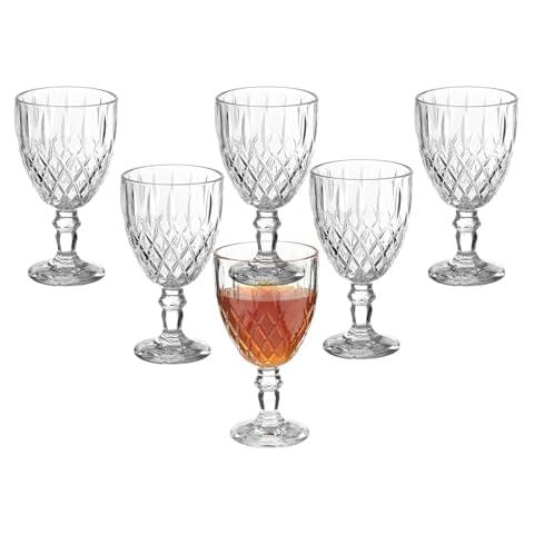 Transparent Vintage Wine Glasses Set of 6, 11 Ounces Colored Glass Water Goblets, Unique Embossed Pattern High Clear Stemmed Glassware Wedding Party Bar Glass Drinking Cups Fancy Glasses Cover