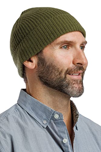 Image of Fishers Finery Men's 100% Cashmere Cuffed Fisherman Beanie; Ribbed Cuff Skull Cap (Olive)